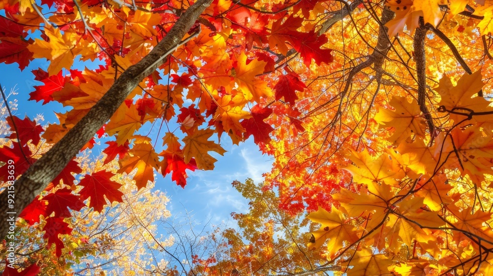 Autumn leaves paint a vibrant tapestry of red, orange, and gold in the canopy. Autumn leaves paint a vibrant tapestry of red, orange, and gold in the canopy.