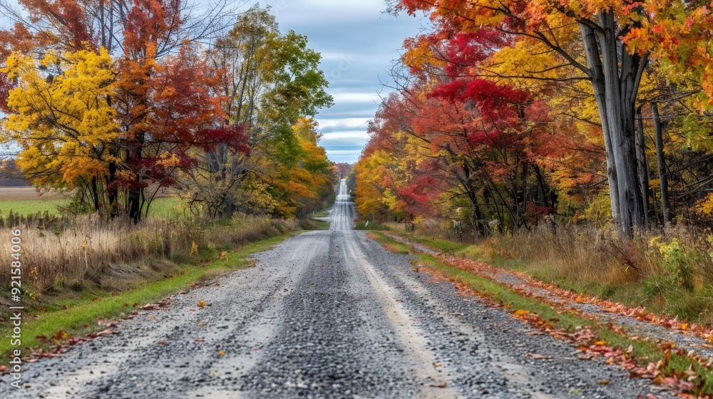 Fototapeta premium Capture a peaceful country road lined with vibrant autumn foliage, showcasing the rich colors of fall.