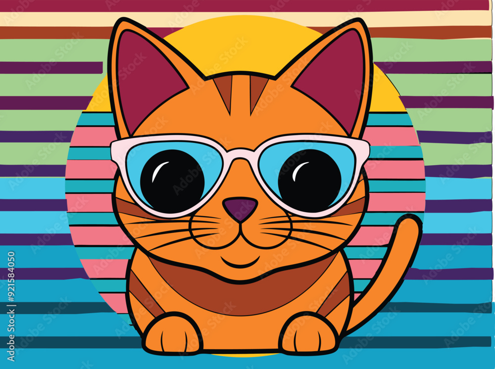 Fototapeta premium Vintage Cat Mascot with Sunglasses and Striped Shirt Logo 