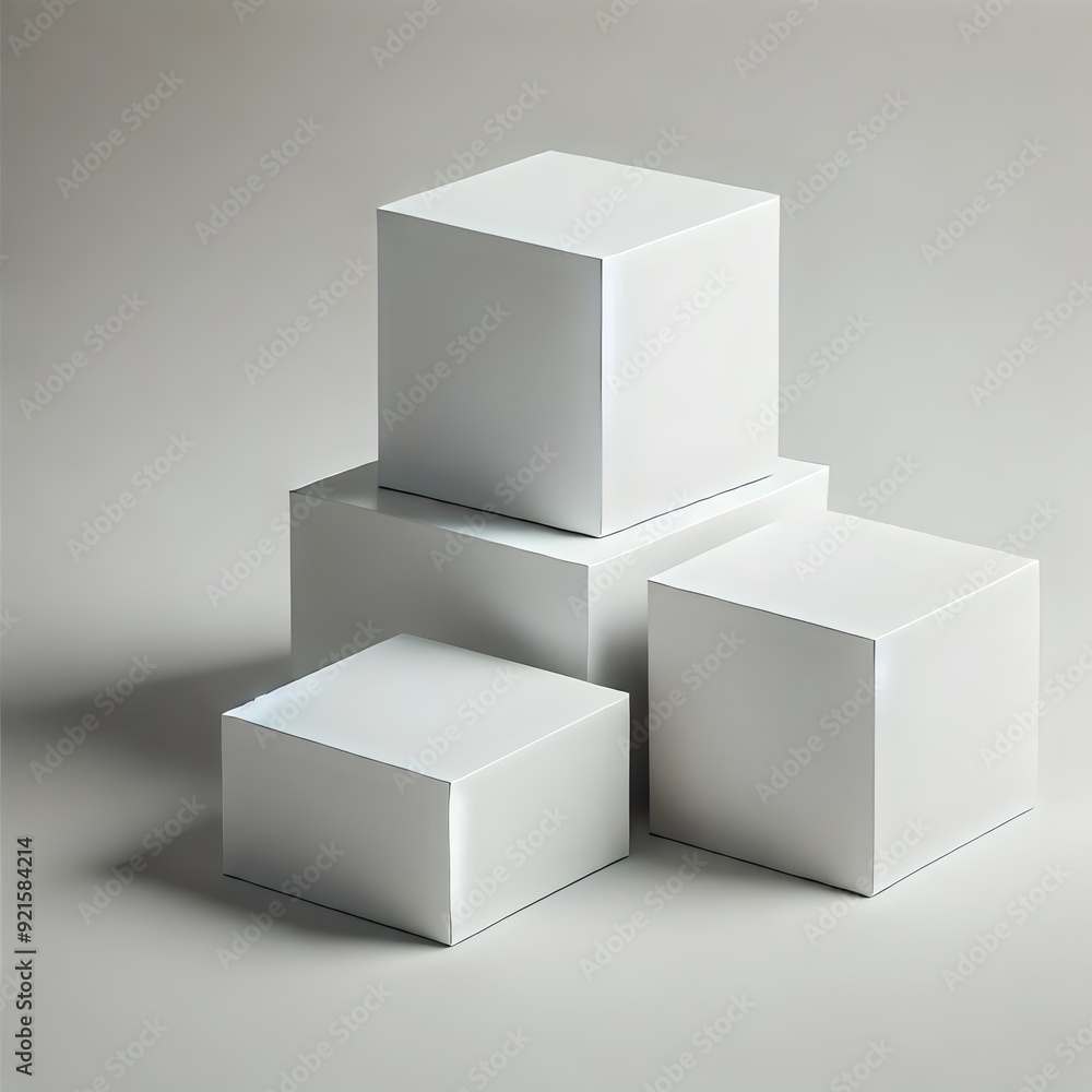 A minimalist 3D-rendered image featuring four white cubes stacked and arranged to create a balanced composition A minimalist 3D-rendered image featuring four white cubes stacked and arranged to create a balanced composition