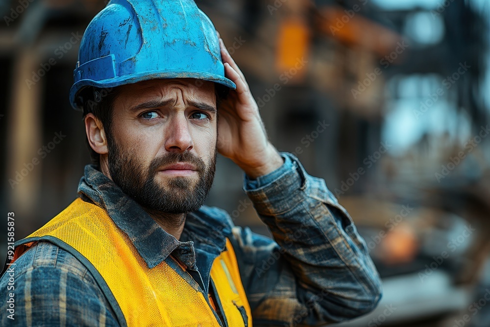 Construction Worker Wearing a Blue Hard Hat and Reflective Vest, Expressing Concern at a Worksite – High-Resolution Stock Photo of Industrial Safety and Work Challenges Construction Worker Wearing a Blue Hard Hat and Reflective Vest, Expressing Concern at a Worksite – High-Resolution Stock Photo of Industrial Safety and Work Challenges