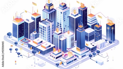 An isometric city tech hub with modern office buildings, innovation centers, and startup spaces, showcasing the city's technological advancements.