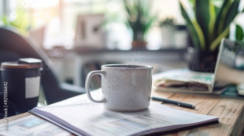 An office worker enjoying a productive day, their desk organized with a planner, coffee mug, and personal items.