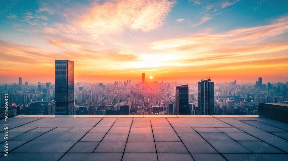 Cityscape at Sunset with Empty Rooftop Cityscape at Sunset with Empty Rooftop
