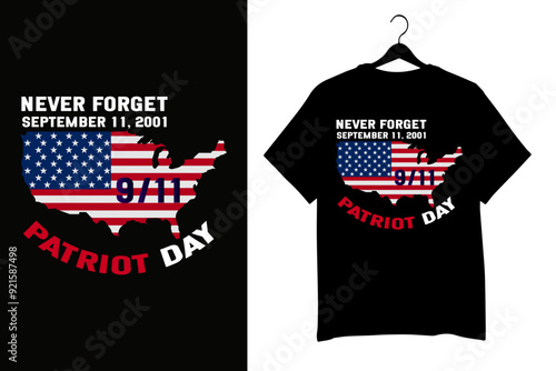9/11 Patriot Day tribute with American flag, Twin Towers, NYC skyline - We Will Never Forget memorial design for September 11th remembrance and USA patriotism.