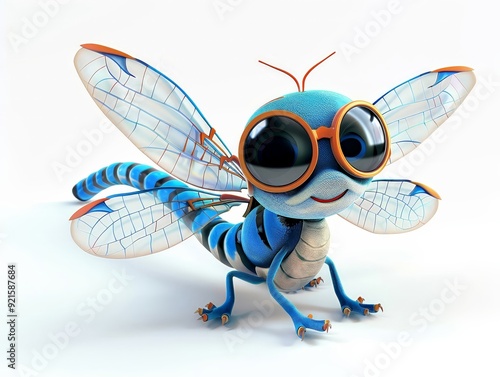 A 4D cartoon dragonfly with sunglasses enjoying th 13 2838 cartoon, insect, animal, fly, illustration, bug, vector, bee, mosquito, funny, nature, isolated, character, dragonfly, flying, wing, pest, cu