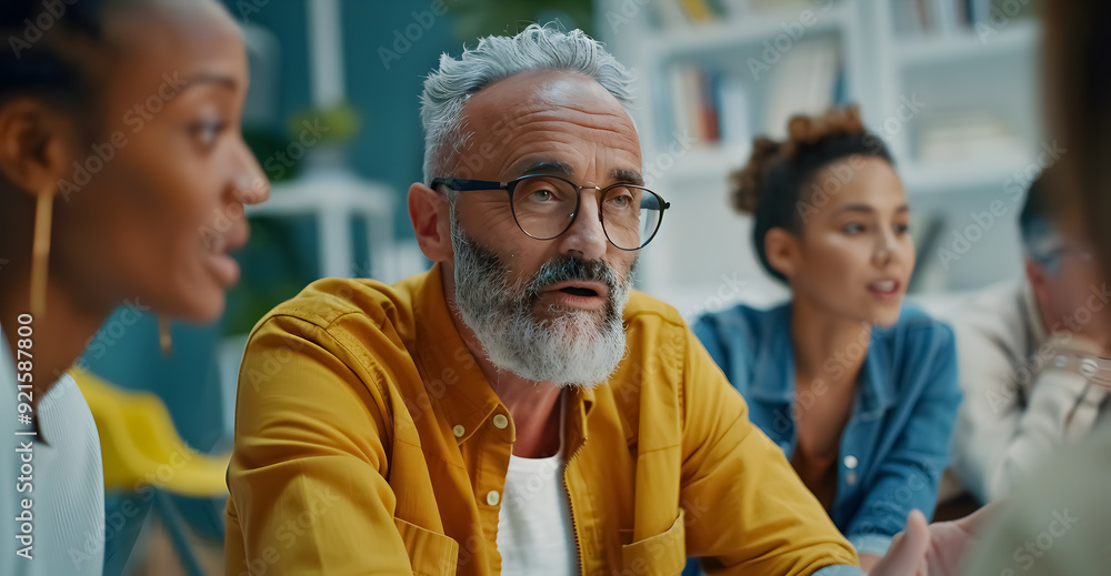 Obraz premium Mature Man Describing Plan: Mature man explaining a plan of action to his diverse creative team