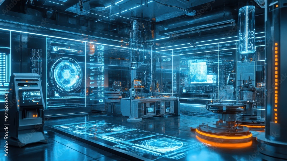 Fototapeta premium Futuristic Laboratory with Holographic Displays and Advanced Technology.