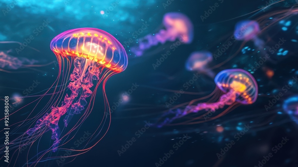 Fototapeta premium Vibrant Bioluminescent Jellyfish Swimming in Deep Blue Ocean Water - Underwater Photography