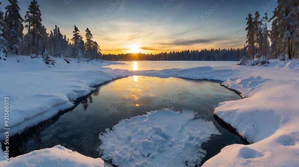 snowy landscape with a lake in the background snowy landscape with a lake in the background