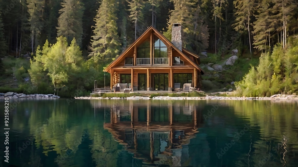 Fototapeta premium wooden cabin sits on the shore of a calm lake,