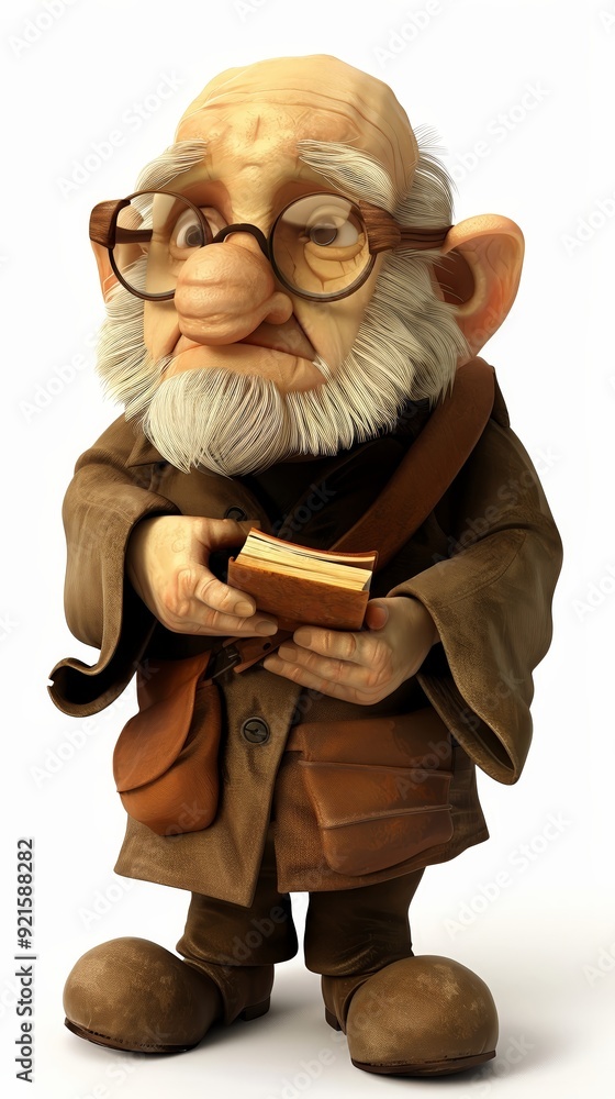 Naklejka premium A 4D cartoon fig with a small book looking wise on 121 2796 cartoon, vector, illustration, boy, people, character, business, glasses, book, child, drawing, fun, person, old, art, woman, read, funny 