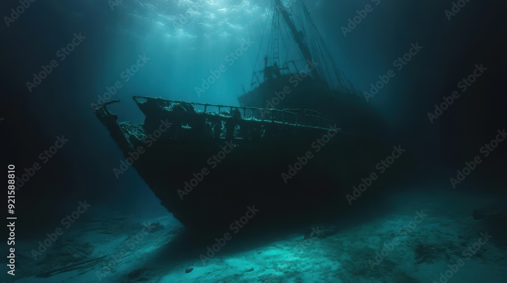 Silhouette of a Sunken Ship on the Ocean Floor. Silhouette of a Sunken Ship on the Ocean Floor.