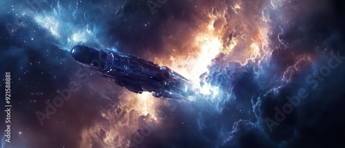 Futuristic Spaceship Flying Through Nebula in Outer Space.