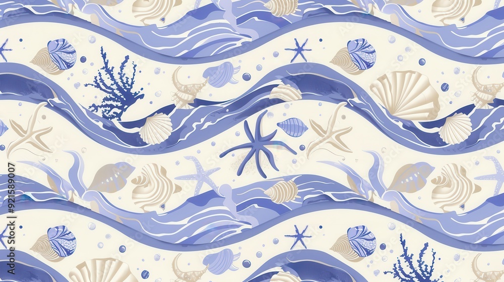 A decorative design showcases underwater motifs like shells and starfish in calming blue and cream colors A decorative design showcases underwater motifs like shells and starfish in calming blue and cream colors