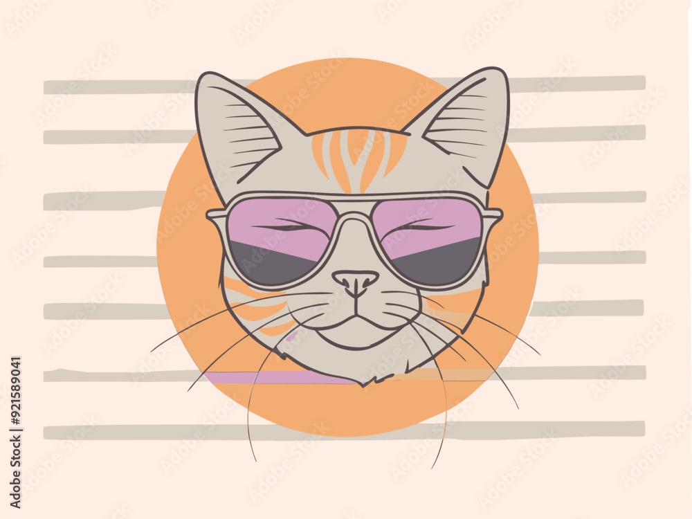 Obraz premium Vintage Cat Mascot with Sunglasses and Striped Shirt Logo 