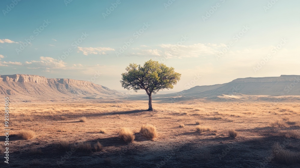 Obraz premium Single Tree in a Desert Landscape with Mountains in the Background.