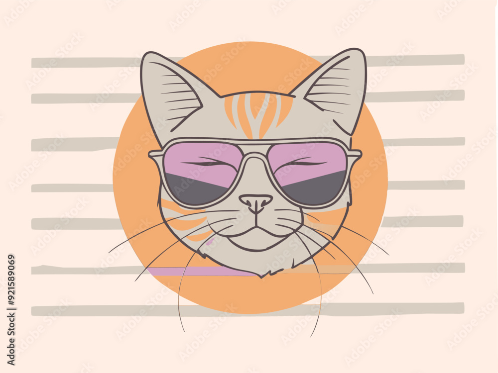 Obraz premium Vintage Cat Mascot with Sunglasses and Striped Shirt Logo 