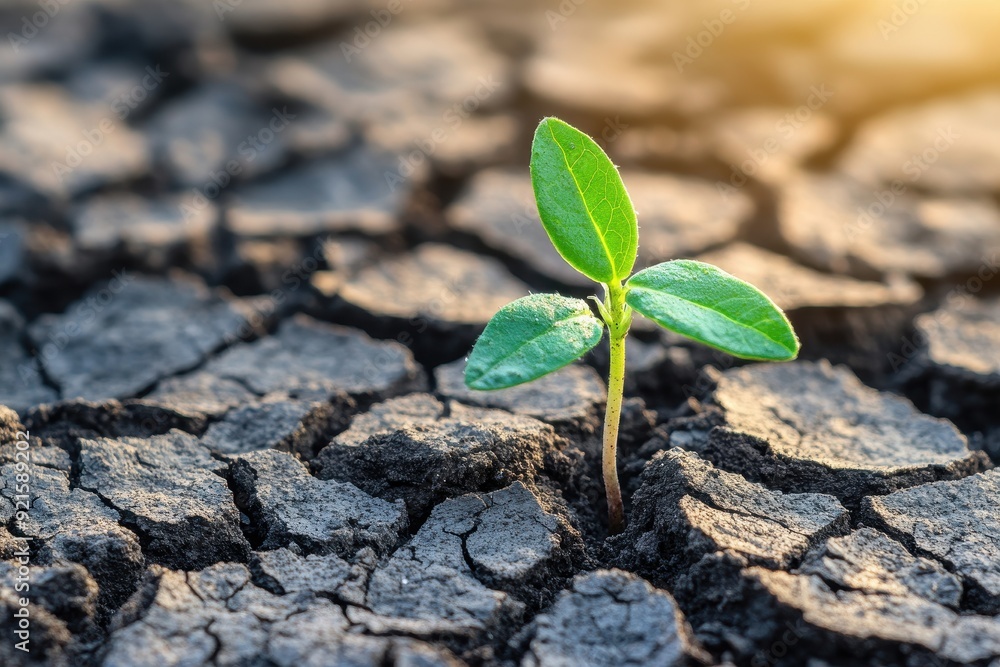 Close-Up of a Small Green Plant Sprouting Through Cracked Dry Soil - Concept of New Life, Growth, Resilience, and Hope. Close-Up of a Small Green Plant Sprouting Through Cracked Dry Soil - Concept of New Life, Growth, Resilience, and Hope.