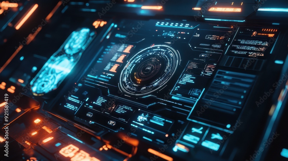 Futuristic Interface Design - Blue and Orange HUD Display with Glowing Digital Elements. Futuristic Interface Design - Blue and Orange HUD Display with Glowing Digital Elements.