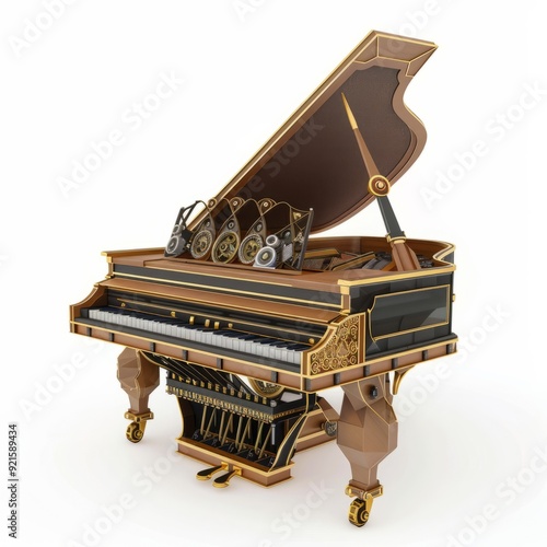 3D Render, Low Poly style of a vintage steam-powered piano, on isolated white background