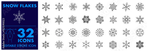 Snowflake Icon Christmas Pattern. Merry Christmas snow flake pattern design, Editable Stroke Icon. Simple black line icons snow, Seamless snowflake vector set Icons.