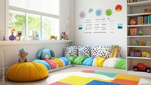 Kid s reading corner with colorful cushions, whimsical decor, and playful ambiance