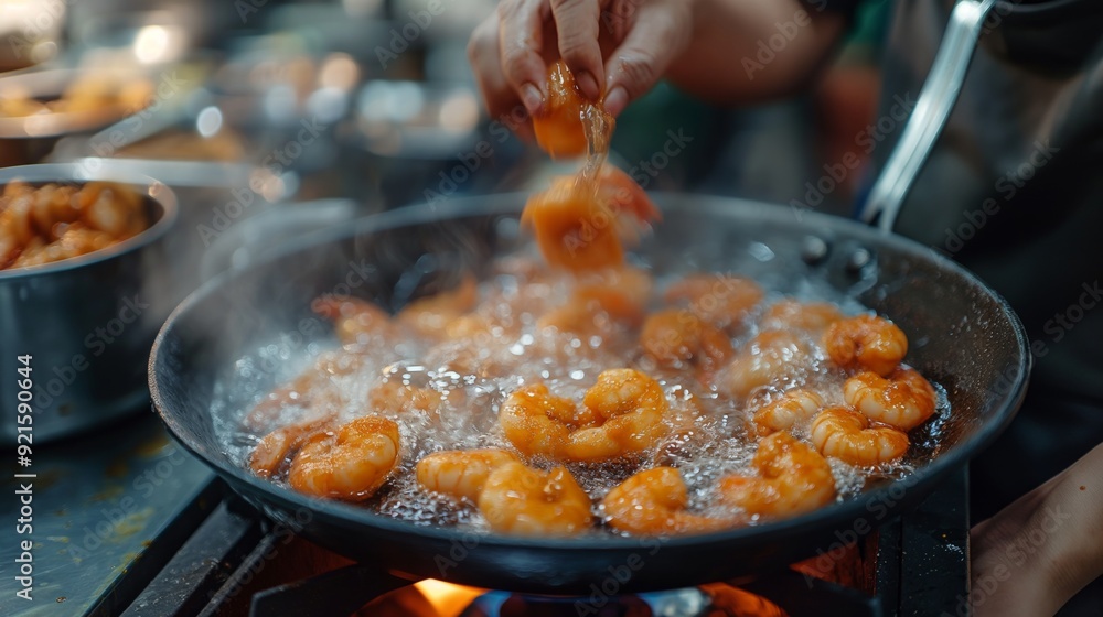 Chef frying shrimp in a hot pan, creating a sizzling and appetizing seafood dish with rich flavors and aroma. Chef frying shrimp in a hot pan, creating a sizzling and appetizing seafood dish with rich flavors and aroma.