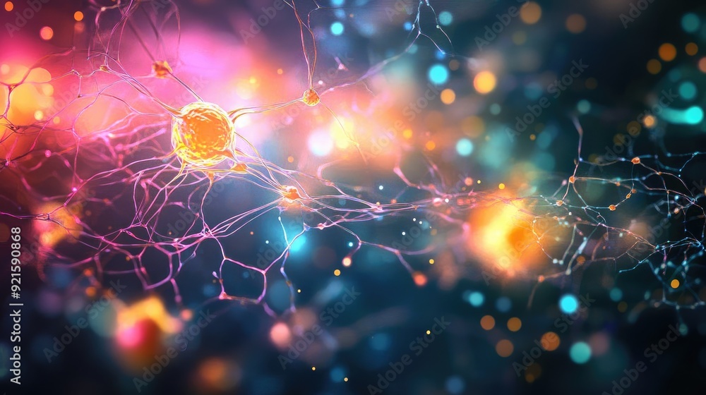 Colorful light patterns representing cellular processes, with a background area available for text Colorful light patterns representing cellular processes, with a background area available for text
