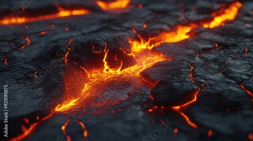 Closeup of Molten Lava Flowing Through Cracked Volcanic Rock - Abstract Fire Texture.