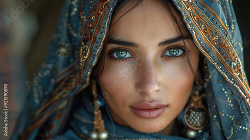 Portrait of Arab woman in traditional dress with desert background