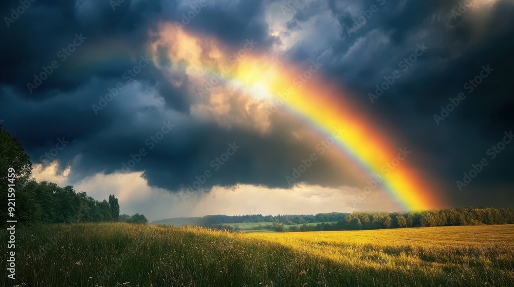 Dramatic Rainbow Over a Field After a Summer Storm. Dramatic Rainbow Over a Field After a Summer Storm.