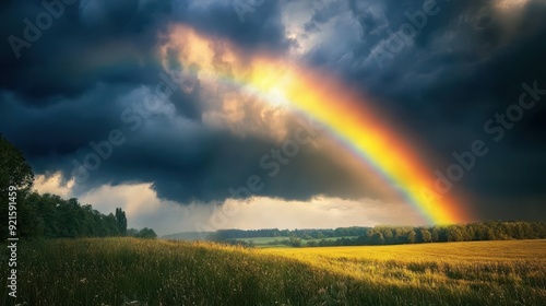 Dramatic Rainbow Over a Field After a Summer Storm.