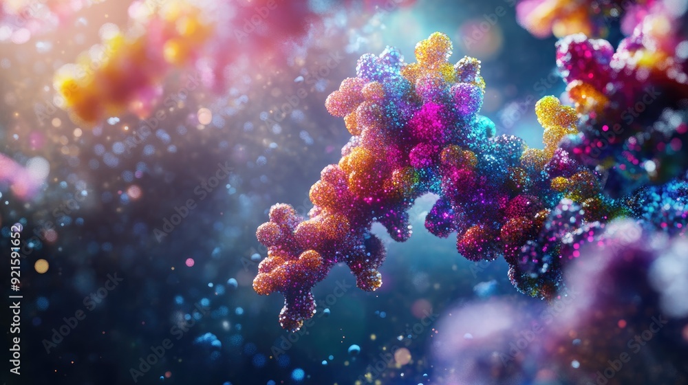 Colorful visualization of protein structures with radiant lighting, including a text area Colorful visualization of protein structures with radiant lighting, including a text area