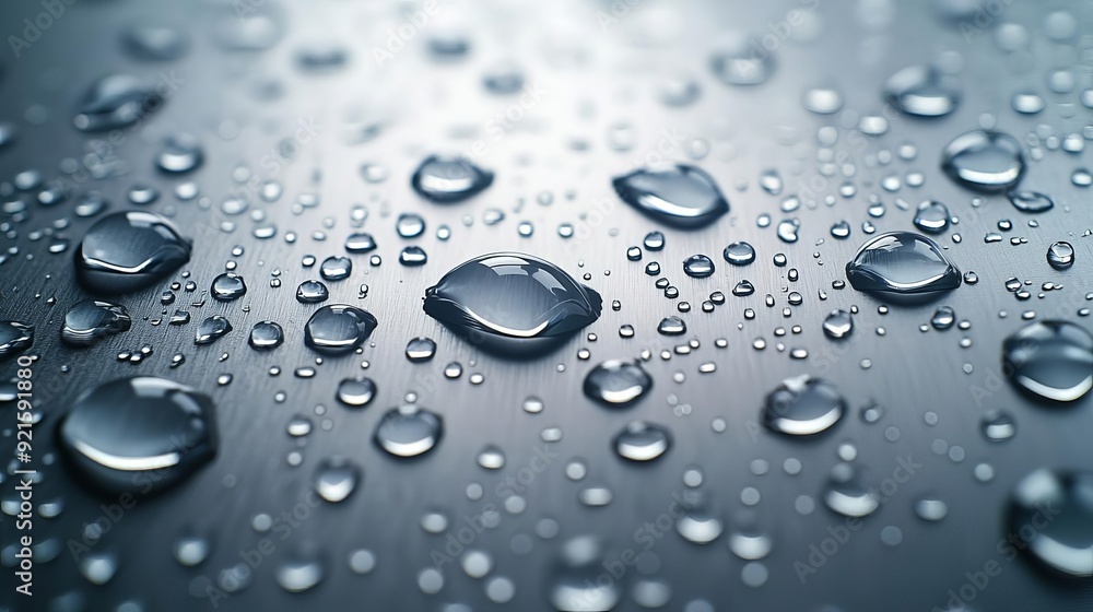 Water droplets on a metallic surface with reflections, Water droplets on metal, industrial aesthetics Water droplets on a metallic surface with reflections, Water droplets on metal, industrial aesthetics