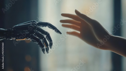 Human and Robotic Hand Reaching Towards Each Other, Concept of Artificial Intelligence and Human Connection.