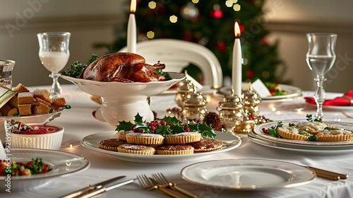 a table with a plate of food and a candle on it photo