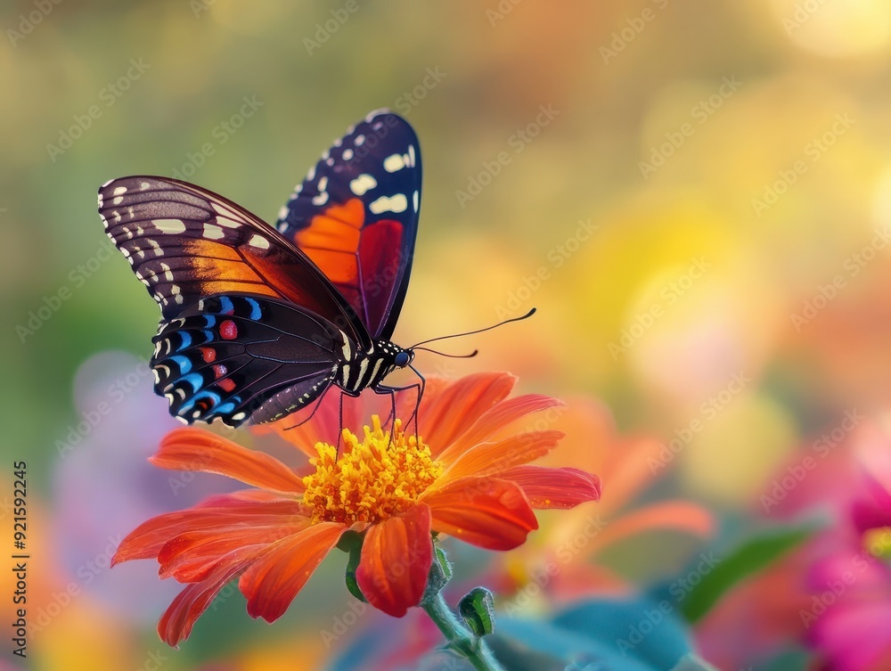 Obraz premium Colorful Butterfly on Orange Flower with Blurred Background.
