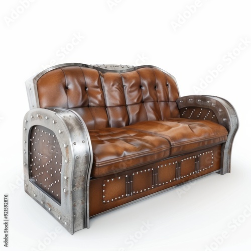 3D Render, Low Poly style of a steampunk sofa with riveted metal and leather, on isolated white background