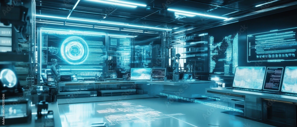 Futuristic Cyber Security Control Room with Glowing Screens and Interfaces Futuristic Cyber Security Control Room with Glowing Screens and Interfaces