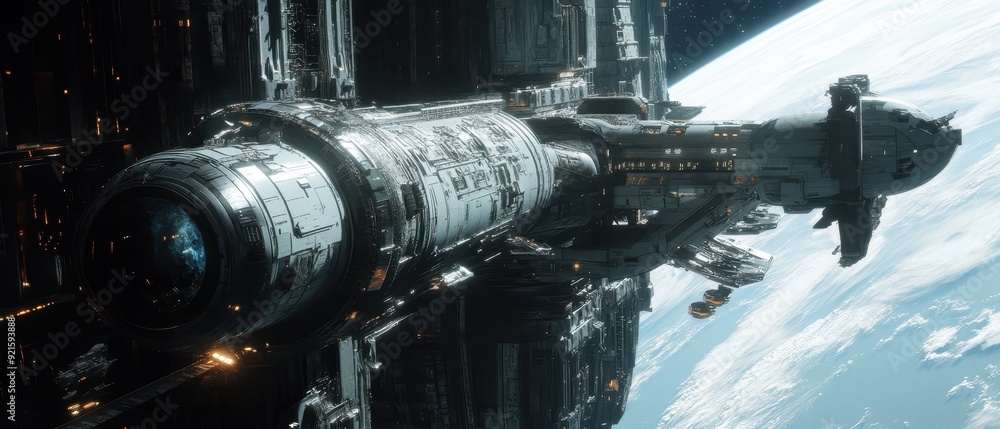 Futuristic Space Station Orbiting Earth with Detailed Exterior and Lights Futuristic Space Station Orbiting Earth with Detailed Exterior and Lights