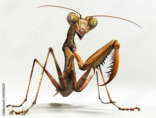 A 4D cartoon mantis with folded legs ready to poun 19 657 mantis, insect, animal, praying mantis, nature, bug, praying, macro, green, isolated, white, predator, antenna, close-up, grasshopper, closeup photo