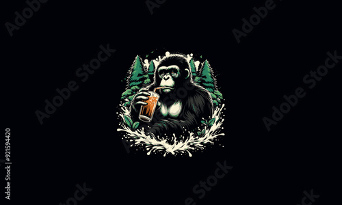 chimpanzee holding drink on forest vector illustration artwork design