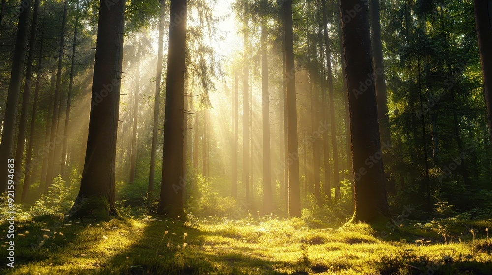 Sunlight Beams Through Misty Forest with Green Grass and Tall Trees. Sunlight Beams Through Misty Forest with Green Grass and Tall Trees.