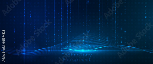 Illustration vector abstract wave, flow line, motion pattern and particle dot on dark blue background. Modern futuristic, big data design for background. Digital datum, high tech, technology concept