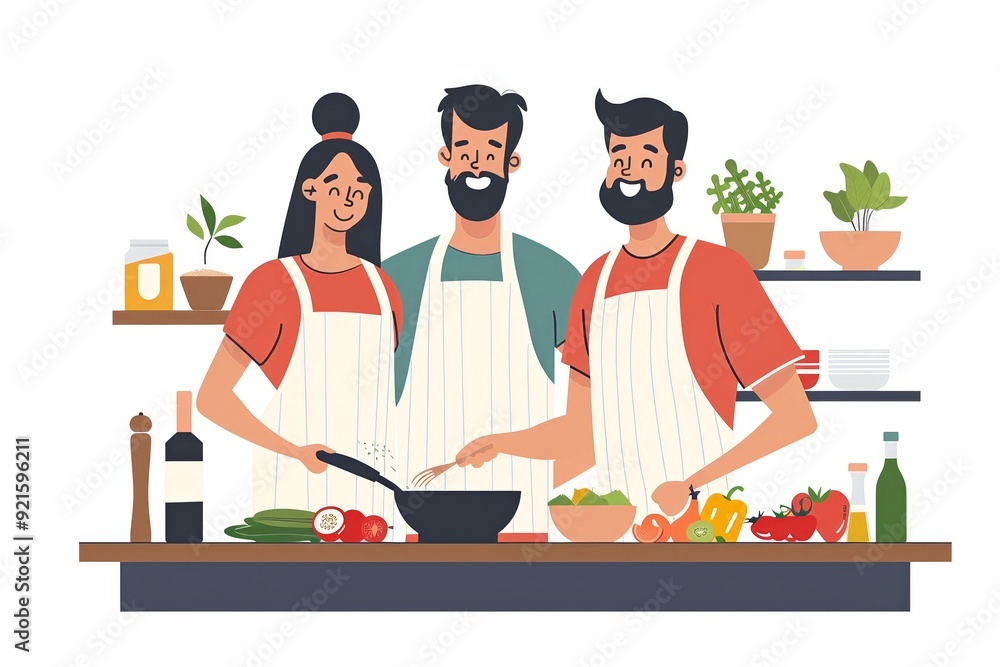 A couple enjoying a healthy cooking class together 5 1410 food, cartoon, chef, vector, woman, cooking, cook, people, illustration, restaurant, kitchen, table, dinner, eating, couple, meal, breakfast,