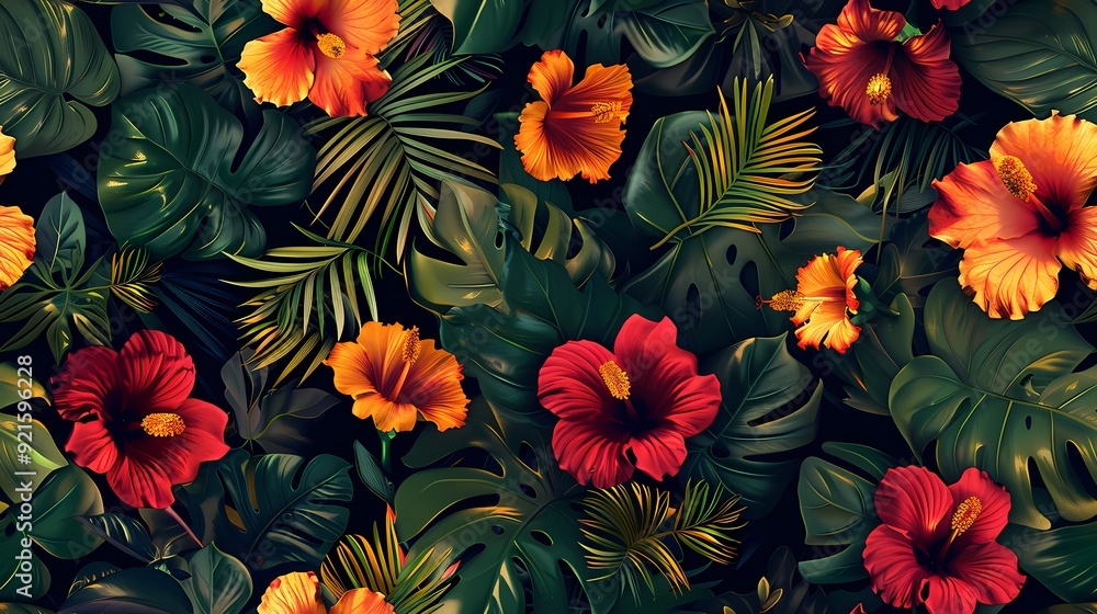 A vibrant seamless pattern of red and yellow hibiscus flowers amidst lush tropical foliage. A vibrant seamless pattern of red and yellow hibiscus flowers amidst lush tropical foliage.