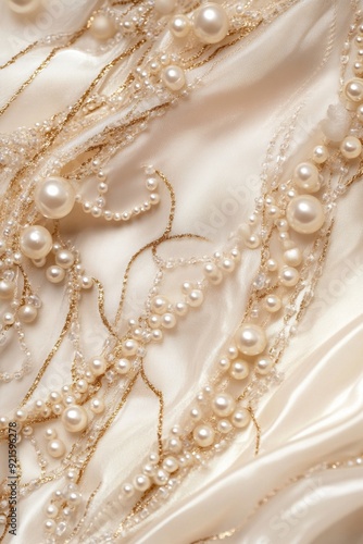 エレガントな真珠とゴールドの装飾品をベージュの背景に配置した縦画像