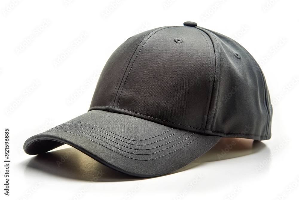 A sleek, modern black baseball cap with a curved brim and adjustable Velcro strap sits isolated on a pure white background, awaiting customization. A sleek, modern black baseball cap with a curved brim and adjustable Velcro strap sits isolated on a pure white background, awaiting customization.