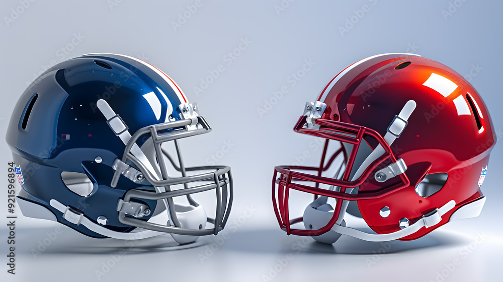 Fototapeta premium Two American football helmets facing each other